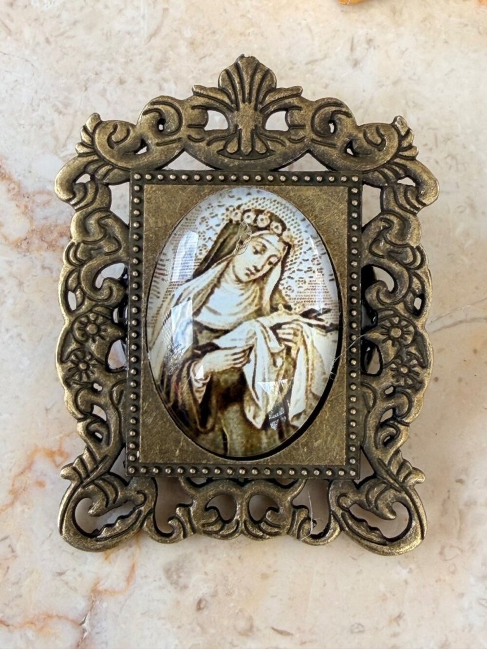 Vintage Religious Brooch With Virgin Mary Portrait And Ornate Brass Frame 2" x 1